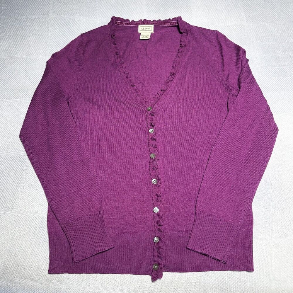 LL Bean Purple Merino Wool‎ Button Cardigan Sweater Women's Size Medium